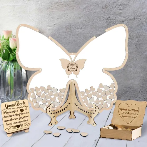 Vista 16 de Libro de invitados de boda de mariposa personalizado con corazones de madera, borde de madera personalizado, ideas alternativas, libro de invitados