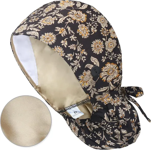 Vista 50 de QBA Gorra de trabajo ajustable con botón, gorro forrado de satén, gorro de trabajo de algodón, banda elástica para atar en la espalda, unisex