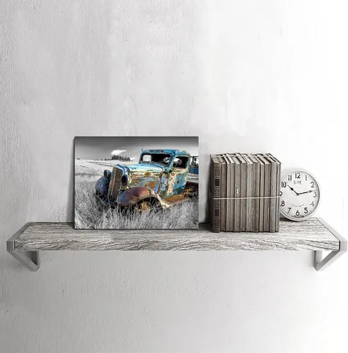 Vista 6 de SunFlax Arte de Lienzo de Pared de Carro Oxidado: Obra de Arte de Camión Azul Viejo Cuadro Rústico de Automóvil Pintura Vintage de Campo Antigua