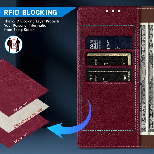 Vista 2 de ZZXX Funda tipo cartera para iPhone 11 con bloqueo RFID, ranura para tarjetas, función atril, cierre magnético, funda protectora de cuero para Rojo
