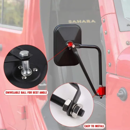 Vista 3 de JeCar Espejos laterales cuadrados sin puerta retrovisor de liberación rápida para Jeep Wrangler CJ YJ TJ JK JL y Unlimited, negro texturizado