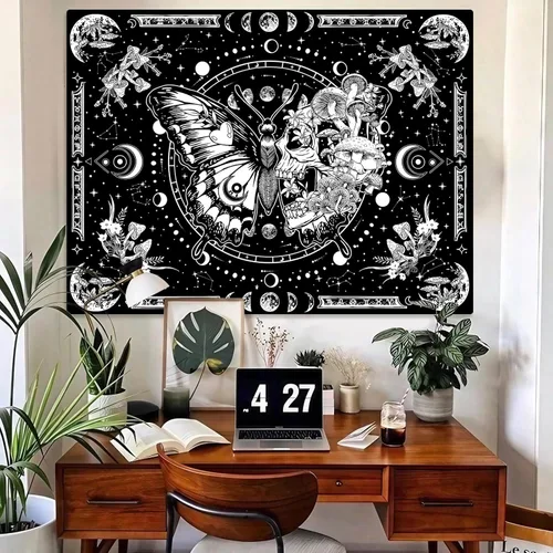Vista 3 de Fungarth Tapiz de Esqueleto y Mariposa Blanco y Negro Calavera Hongos Plantas Tapices Hippie Estético Tapiz Colgante de Pared para Dormitorio Sala