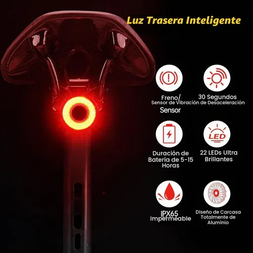 Vista 2 de Luz trasera inteligente para bicicleta, detección de frenos, encendido