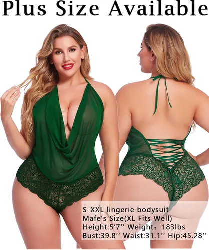Vista 5 de Avidlove - Traje de lencería sexy para mujer, diseño de peluche, una pieza, con encaje, cabestro