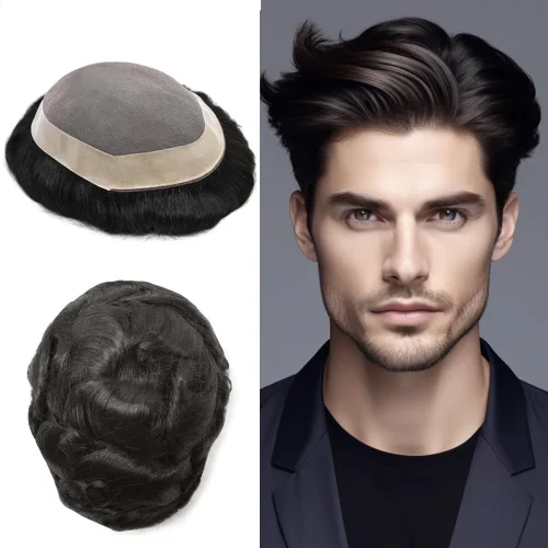 Vista 68 de Toupee de cabello humano fino mono revestido de poliéster para hombre, postizo de monofilamento duradero NPU monofilamento tupé para hombres