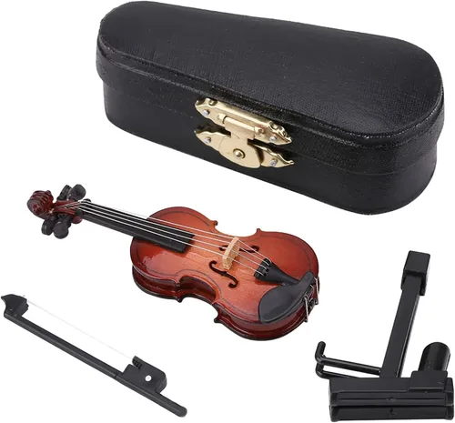 Vista 2 de Violonchelo miniatura de madera con soporte, arco y estuche Mini instrumento musical en miniatura modelo de casa de muñecas para decoración del hogar
