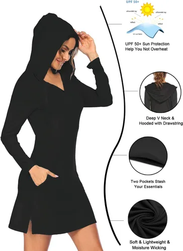 Vista 4 de Vestido de playa con protección solar UPF 50+ para mujer, manga larga, ligero, atlético, con capucha UV