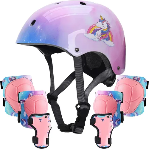 Vista 10 de Casco para niños con rodilleras, coderas y protectores de muñeca, equipo de protección para niños de 3 a 5-8 años para niños y niñas, apto para Azul
