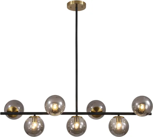 Vista 14 de KCO Iluminación Moderna Candelabro Colgante Lineal de Latón con 7 Luces de Cristal Dorado y Blanco, Iluminación Colgante Globo de Mediados de Siglo