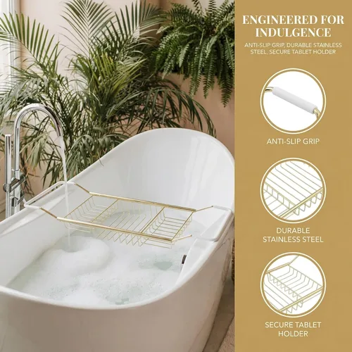 Vista 4 de Cabilock Bandeja de baño de acero inoxidable de lujo – Estante de baño moderno expandible de 24.8 pulgadas para bañera con copa de vino y soporte