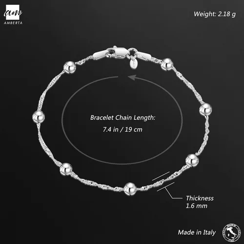 Vista 3 de Amberta Pulsera de plata de ley 925 1.4 Singapur con cuentas de bola de 0.157 in, 7 pulgadas, 7.5 pulgadas