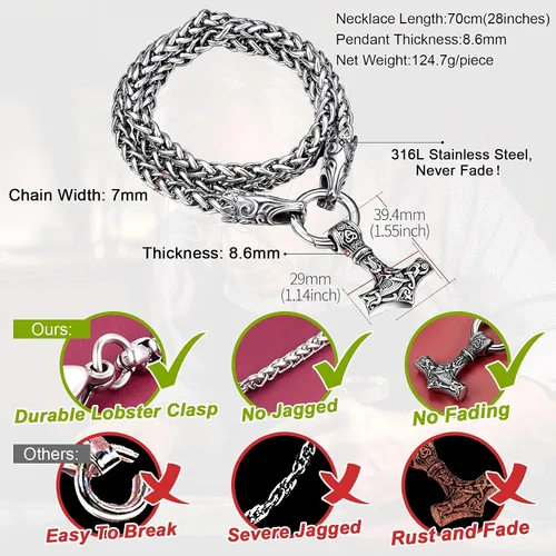 Vista 4 de FaithHeart Collar punk nórdico vikingo para hombre, collar grueso, acero inoxidable, Mjolnirnudo celta, cabeza de lobo, colgante de amuleto, joyería