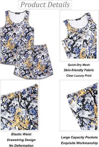 Vista 4 de Conjunto de camiseta sin mangas con estampado floral para hombre, camiseta deportiva casual con estampado de lujo, ropa deportiva hawaiana