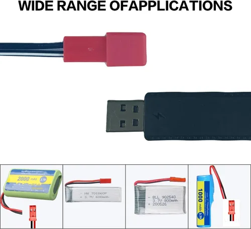 Vista 5 de Cable de carga USB de 3.7 V con enchufe JST de 2 pines compatible con automóvil RC, avión, tanque, barco y otros juguetes de control remoto