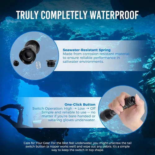 Vista 3 de ORCATORCH D550 - Linterna submarina de 1000 lúmenes con 3 modos, interruptor de cola, impermeable IP68, luz de buceo de respaldo manos libres