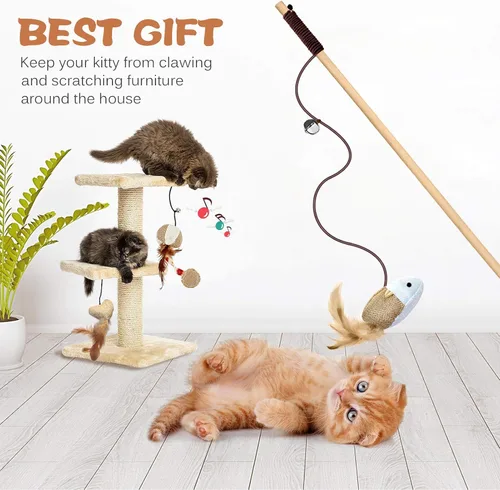 Vista 6 de KABB Juguetes para gatos de interior, 3 piezas de 16 pulgadas de madera natural para gatos con recambios de teaser para gatos y gatitos que se Lino
