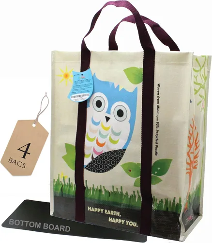 Vista 3 de Juego combinado laminado XL y mini bolsas de compras reutilizables tejidas para comestibles, hechas con un mínimo de 95% de plástico reciclado
