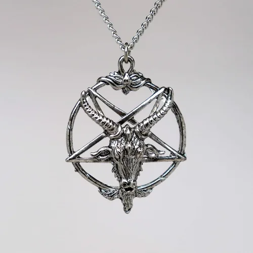 Vista 5 de Baphomet - Collar con colgante de cabeza de cabra de peltre con acabado plateado con pentáculo invertido, Metal