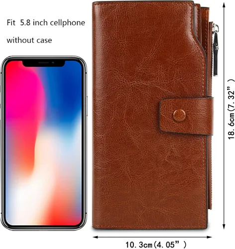 Vista 7 de YALUXE Cartera de piel auténtica para mujer, con bloqueo RFID, tarjetero múltiple con bolsillo para teléfono celular