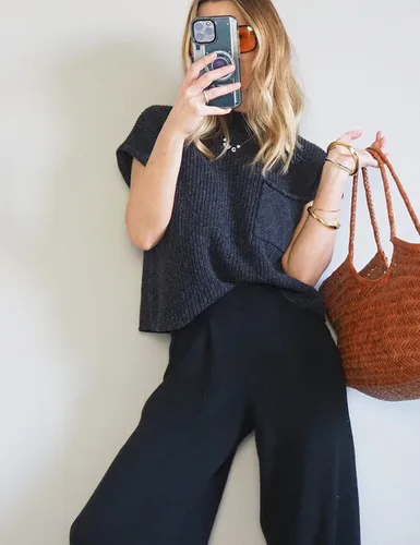 Vista 2 de Watashi Conjunto de 2 piezas de suéter de punto para mujer, pantalones de cintura alta, trajes de descanso con bolsillos