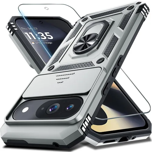 Vista 19 de Janmitta - Funda compatible con Google Pixel 9 Pro XL con cubierta deslizante para lente de cámara incorporada + protector de pantalla + soporte