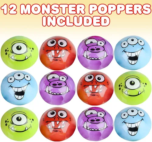 Vista 2 de ArtCreativity Monster Poppers, juego de 12, juguetes de media bola emergentes en varios colores y diseños, juguetes retro de los años 90 de la vieja