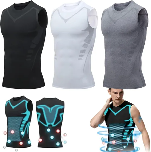 Vista 8 de Camisa de compresión, chaleco moldeador versión iónico sin mangas para hombre, cómoda y transpirable Negro