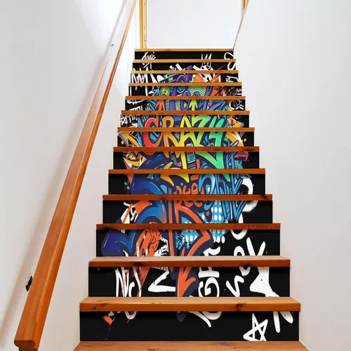 Vista 9 de Calcomanías modernas de grafiti en acuarela, calcomanías para escaleras para escaleras, abstracto, hip hop, ciudad, calle, pared, colorido, grafiti