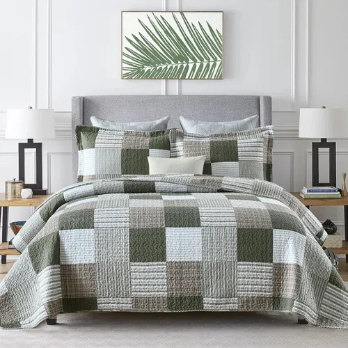 Vista 10 de Y-PLWOMEN Colchas 100% algodón tamaño Queen Farmhouse Plaid 3 piezas ropa de cama Azul y marrón