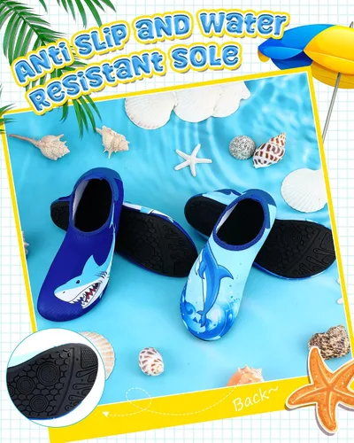 Vista 6 de Newcotte 2 pares de zapatos de agua para niños, calcetines de secado rápido, calcetines de piscina con tiburones marinos, antideslizantes, natación