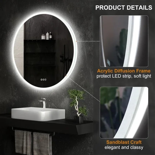 Vista 3 de S·BAGNO - Espejo de baño redondo de 32 luces con marco acrílico, espejo de baño LED de tocador montado en la pared, atenuación, cambio