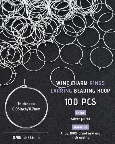 Vista 2 de JIALEEY 100 anillos de cristal de vino de 0.98 pulgadas chapados en plata de 0.98 pulgadas (0.984 in), aro de salto abierto, aretes de cuentas