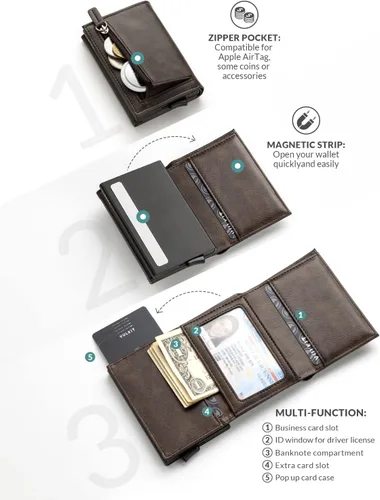 Vista 3 de VULKIT Cartera plegable de cuero con compartimento para billetes, ventana de identificación y moneda