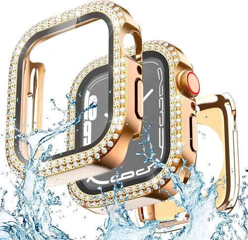 Vista 9 de Funda impermeable 2 en 1 compatible con Apple Watch de 1.575 pulgadas, protector de pantalla SE3/SE2/SE Series 6/5/4, cubierta facial con diamantes