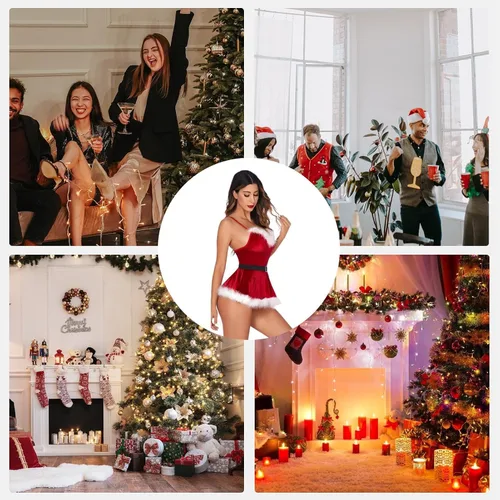 Vista 4 de Disfraz sexy de Papá Noel, vestido de Navidad para mujer, ropa de dormir con cuello en V y agradable a la piel