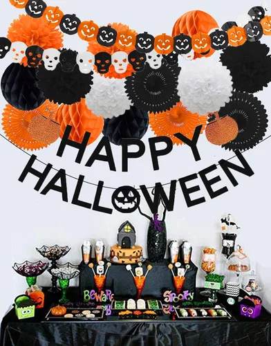 Vista 5 de Decoraciones de fiesta de Halloween, pancarta de calabaza naranja con purpurina negra todo en uno para fiesta temática de Halloween, kit