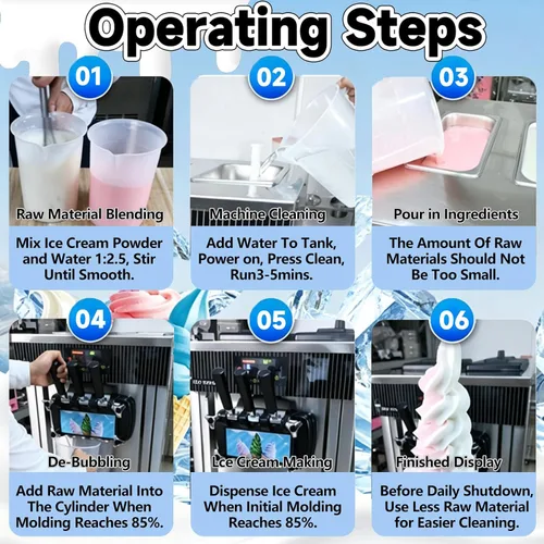 Vista 5 de Commercial Ice Cream Machine, 1300W Freestanding Soft Serve Ice Cream Maker, 18-25kg/H Yield with 3-Flavor, Auto Clean LCD Touch Screen, for Snack