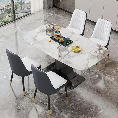 Vista 10 de Moderno juego de mesa de comedor para 4, mesa de vidrio de 63 pulgadas y base de MDF, mesa de comedor de mármol sintético negro con 4 sillas Mesa