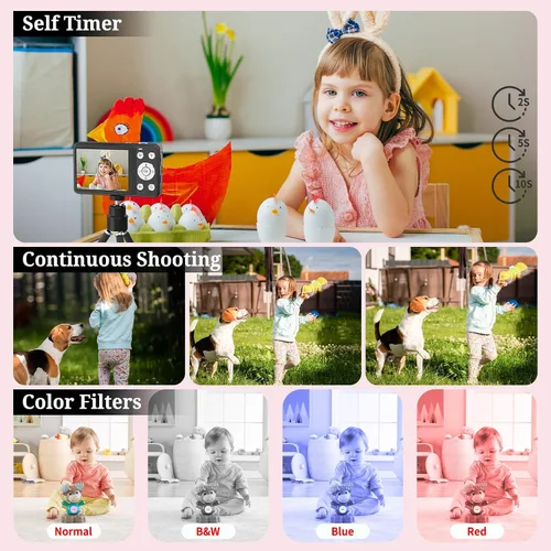 Vista 4 de Cámara digital FHD 1080P para niños, 48MP apunta y dispara, con una tarjeta de 64 GB, zoom 16X, antivibraciones, cámara pequeña compacta para niños
