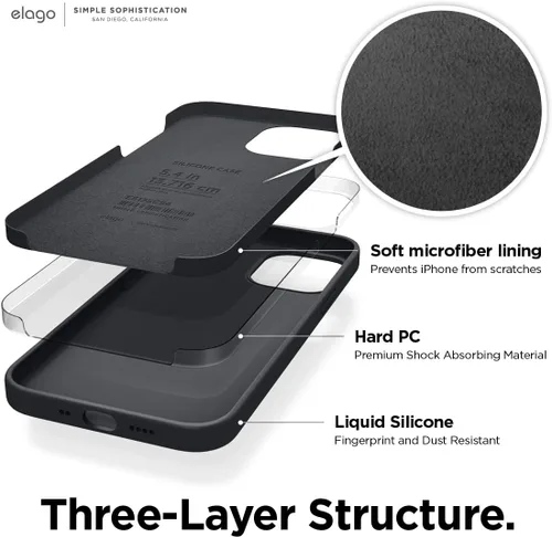 Vista 4 de elago - Carcasa de silicona líquida para iPhone 12 Mini, color negro Full Body Protective Cover, Shockproof, Slim Fit, Anti-Scratch Soft