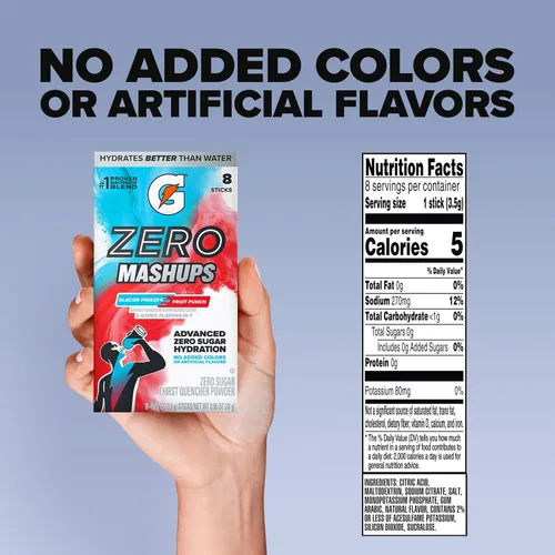 Vista 2 de Gatorade Mezcla de bebida en polvo con electrolitos sin azúcar, Mashups Glacier Freeze-Fruit Punch, (32 porciones), sin sabores artificiales, sin