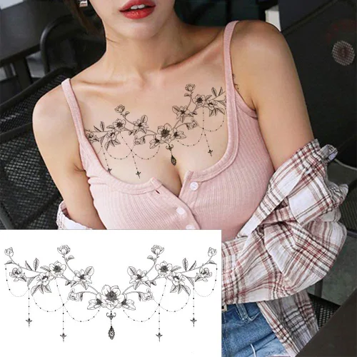Vista 4 de Glaryyears Tatuajes temporales para el pecho y debajo del seno para mujeres adultas, paquete de 6, tatuajes falsos negros realistas grandes de larga