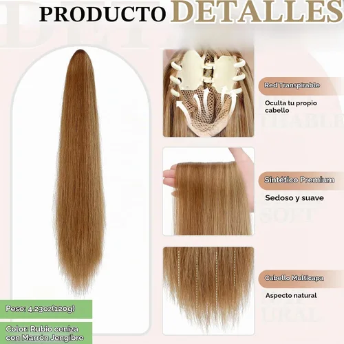 Vista 3 de Extensión de Cola de Caballo con Pinza de 18" 20" Pulgadas Larga Rizada Ondulada Recta con Clip de Aspecto Natural Extensión de Cabello Sintético