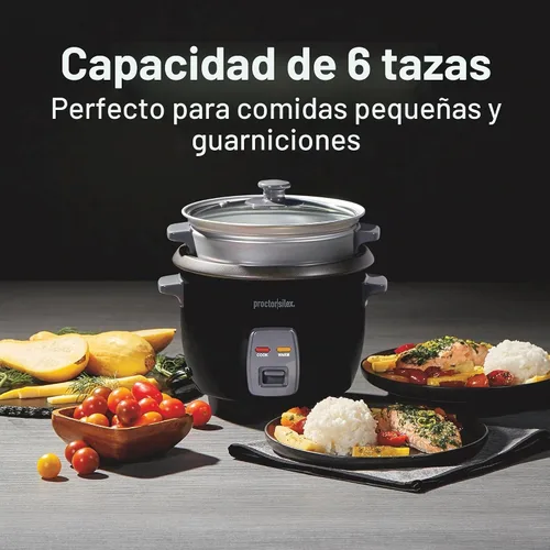 Vista 2 de Proctor Silex - Arrocera y vaporizador de alimentos, 6 tazas cocinadas (3 tazas sin cocinar), incluye cesta de vapor y enjuague, negro (37510)