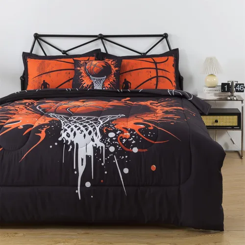 Vista 2 de Juego de edredón de 6 piezas con diseño de baloncesto, ropa de cama negra tamaño individual para niños, adolescentes y adultos, con pelotas
