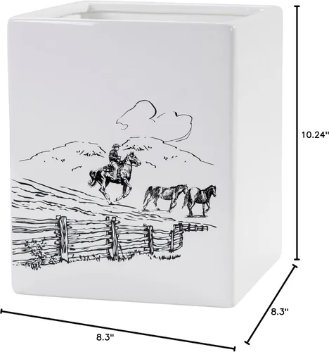 Vista 2 de Paseo Road Ranch Life - Accesorios de baño occidentales, cesta de basura de cerámica con estampado de caballo vaquero blanco y negro, decoración