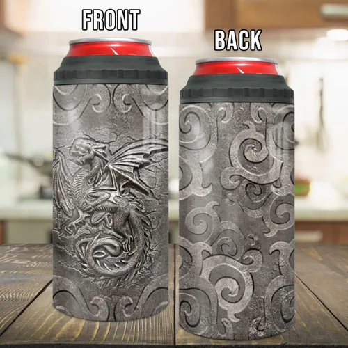 Vista 6 de winorax Vaso de dragón 4 en 1 para enfriar latas estilo metal Fossil Dragon Lover Viking Celta, taza de viaje de 12 onzas de acero inoxidable