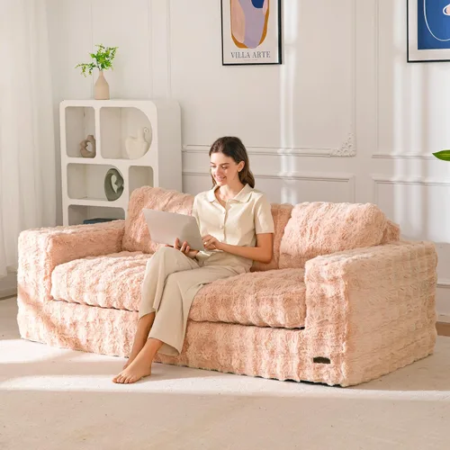 Vista 18 de MAXYOYO Sofá de 3 Plazas sin Estructura, Sofá Moderno Acolchado para Sala de Estar, Sillón Suave Tipo Puf de Espuma de Alta Densidad con Almohadas