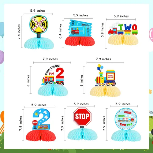 Vista 7 de Decoraciones de tren de 2º cumpleaños, Chugga Chugga Two Two Honeycomb Centros de mesa temáticos de cruce de tren de ferrocarril, suministros