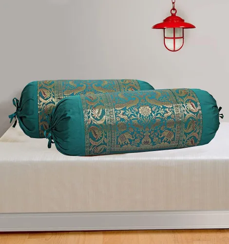 Vista 2 de Funda de almohada rectangular de seda brocado de jacquard étnico para yoga, cilíndrico, perrito caliente, tubo verde oscuro, sala de estar